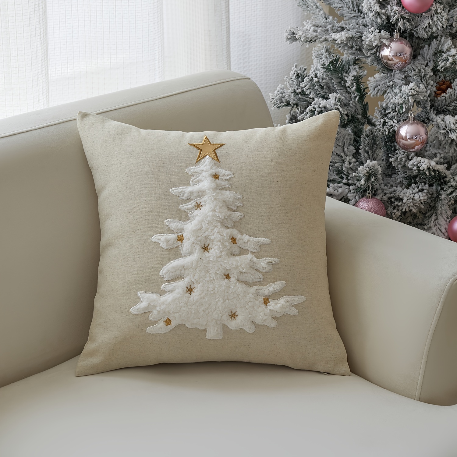 

1pc Christmas Tree Embroidered , 17.7x17.7in - , Zip , - For Sofa &