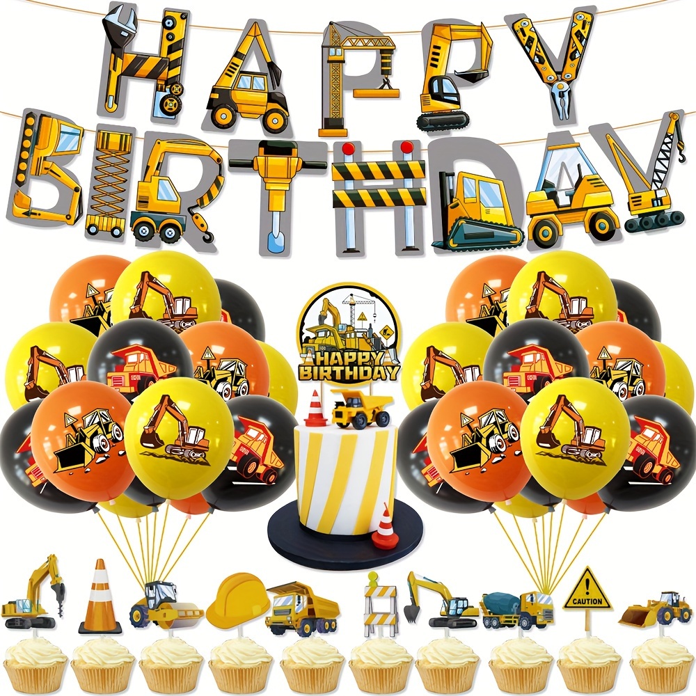 

30pcs Construction Vehicle Party Decor Set - Excavator & Truck Banners, Cake Toppers & Balloons For Birthday & Themed Celebrations