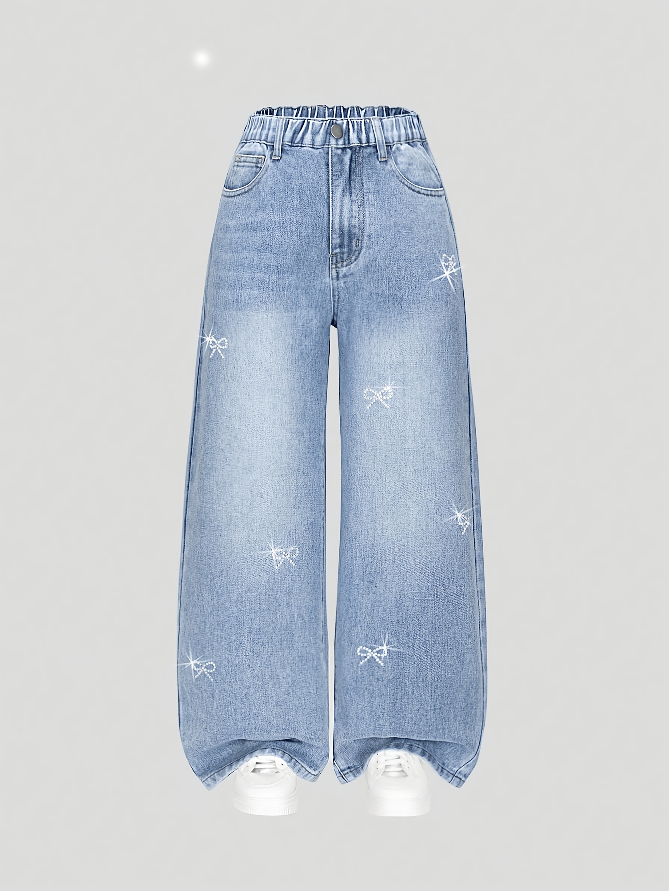 girls jeans   with sparkling   bows trendy y2k   blue washed denim loose wide   to   the legs