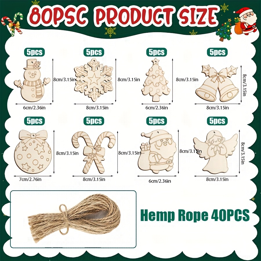 Image of Set Of 80 Wooden Ornaments For Christmas, Featuring 8 Different Designs Including Tree Baubles, Snowmen, Snowflakes, Angels, And More, Along With Unpainted Wooden Cutouts For Crafting And Hanging