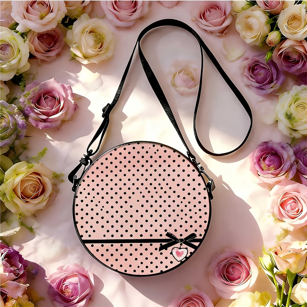 TEMU 1pc Soft Pink Polka Dot Bow And Heart Print Round Single-shoulder Bag, 2d Flat Print Cute And Delicate Style Casual Crossbody Bag, Sweet And