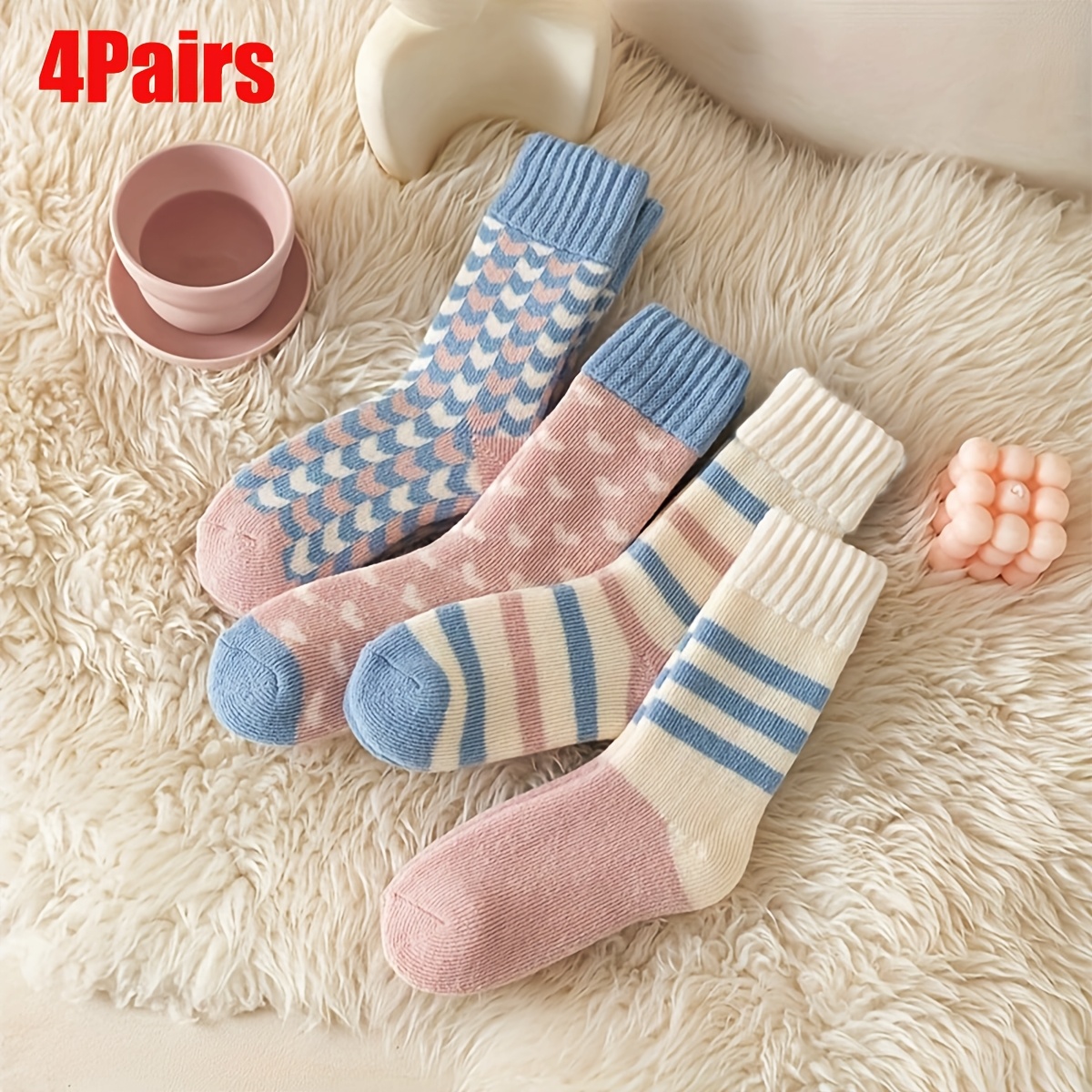 4-pair Comfortable Blue And Pink Terrycloth Socks - Mid-calf, Thick Lining For In Autumn/winter, Heart Pattern, Soft Polyester Blend, Perfect For Snuggling On Home Floors, Cute Socks