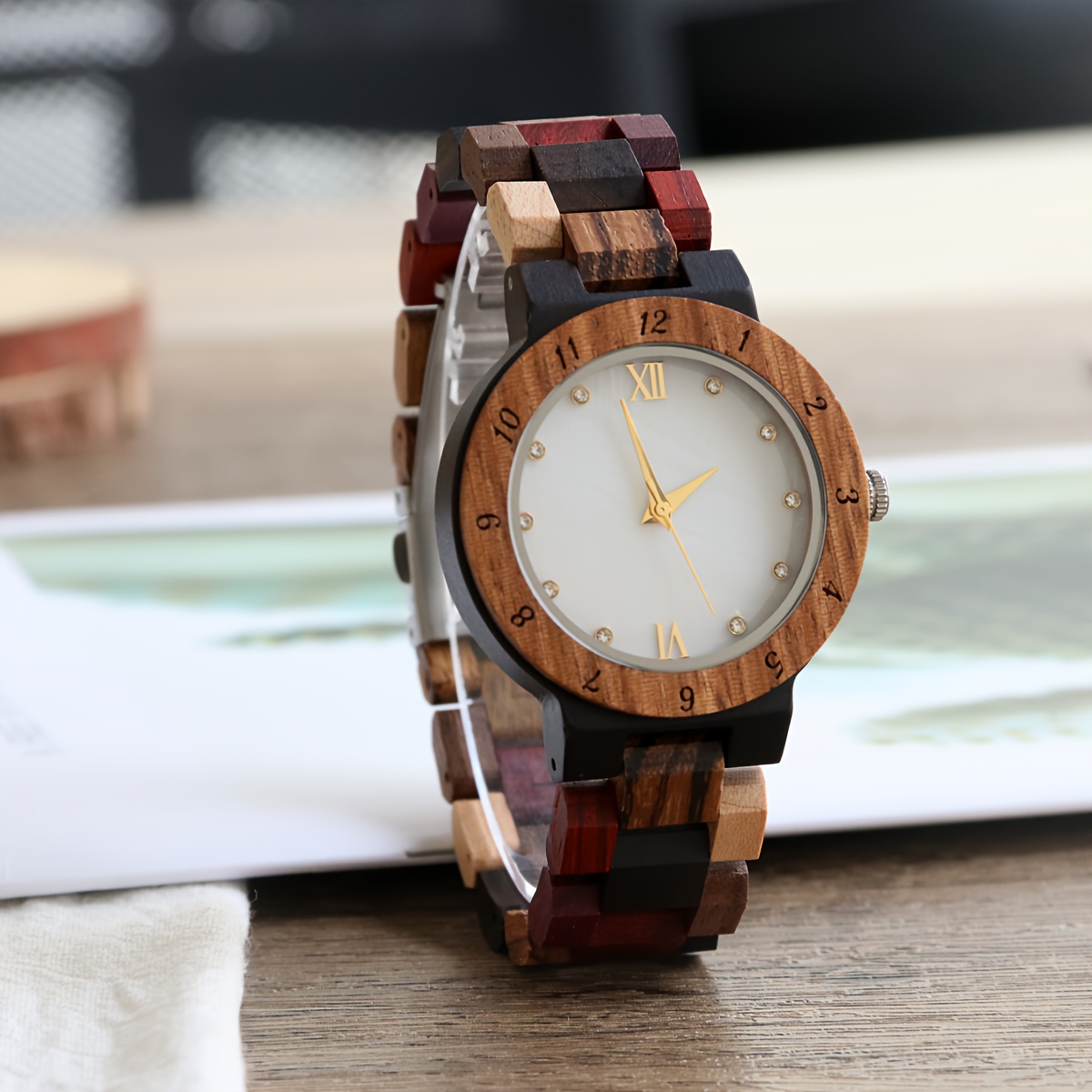 Image of Fashionable Wooden Women's Watch With Rhinestone Markers, Mother-of-pearl Dial, A For Ladies