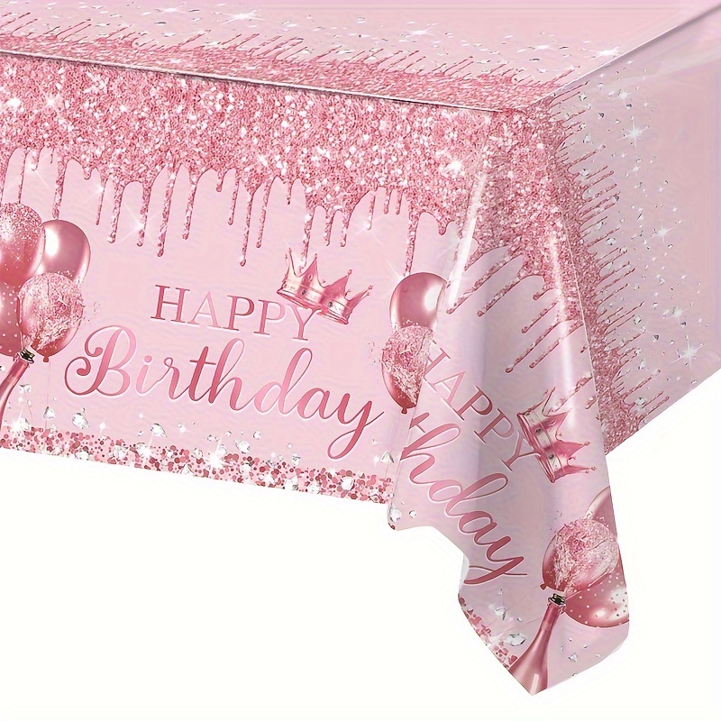 

Happy Birthday Pink Tablecloth - 1pc Disposable Plastic Table Cover For Birthday Celebration, Sparkling Diamond Design, Waterproof & Fits Standard Tables, Ideal For Women's Birthday Decor