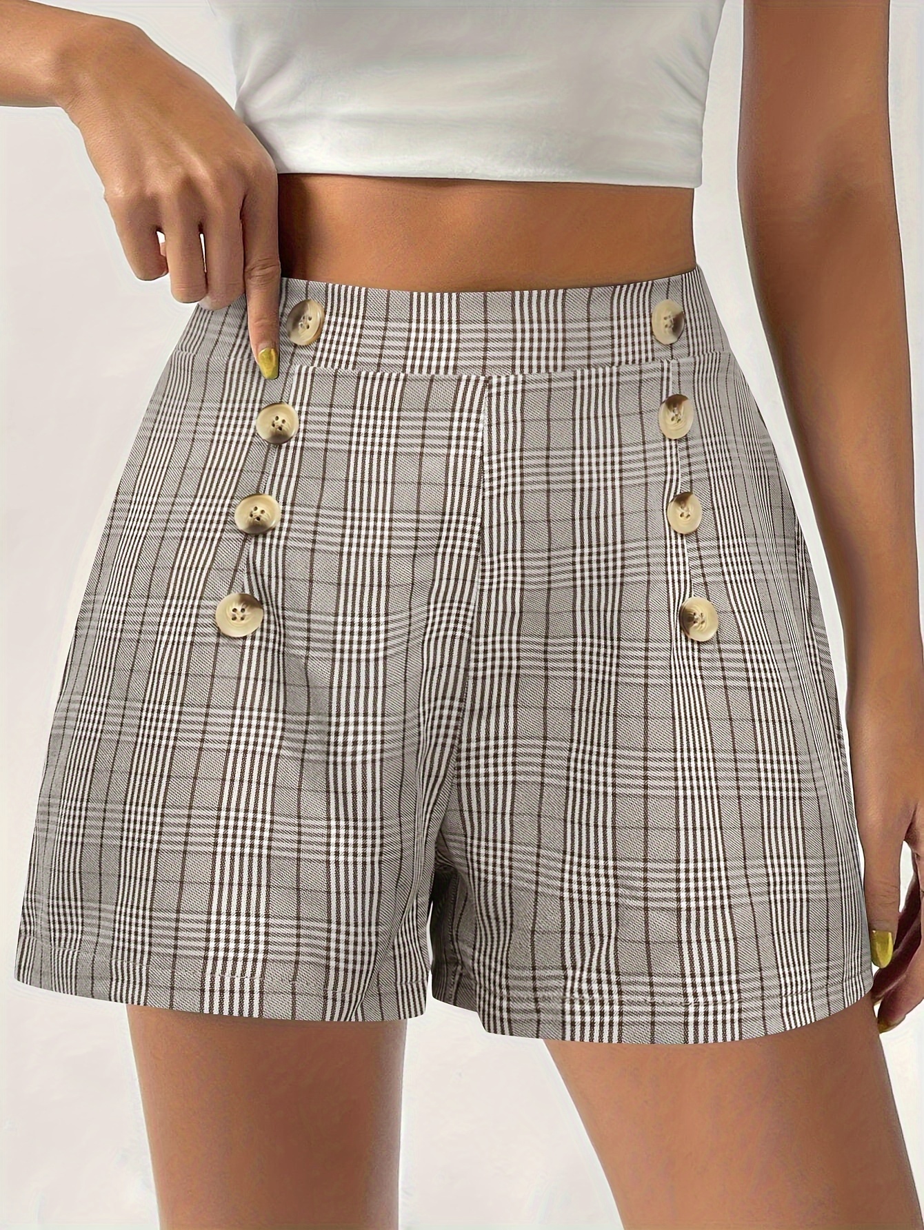 Plaid Button Decor Textured Shorts, Elegant High Waist Shorts, Women's  Clothing