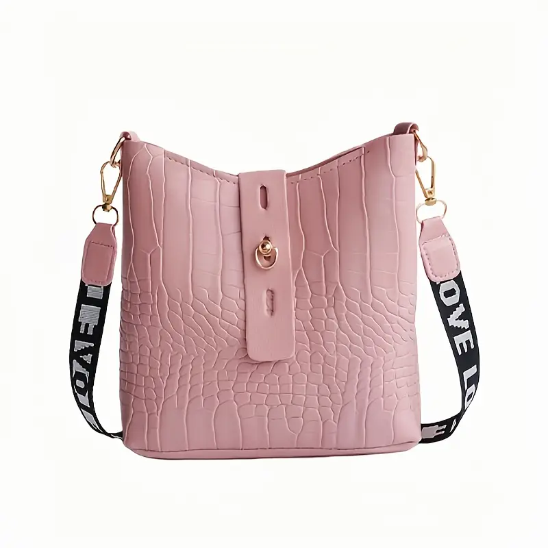 1pc crocodile pattern bucket bag stylish womens crossbody purse with hardware black casual or formal occasions details 5