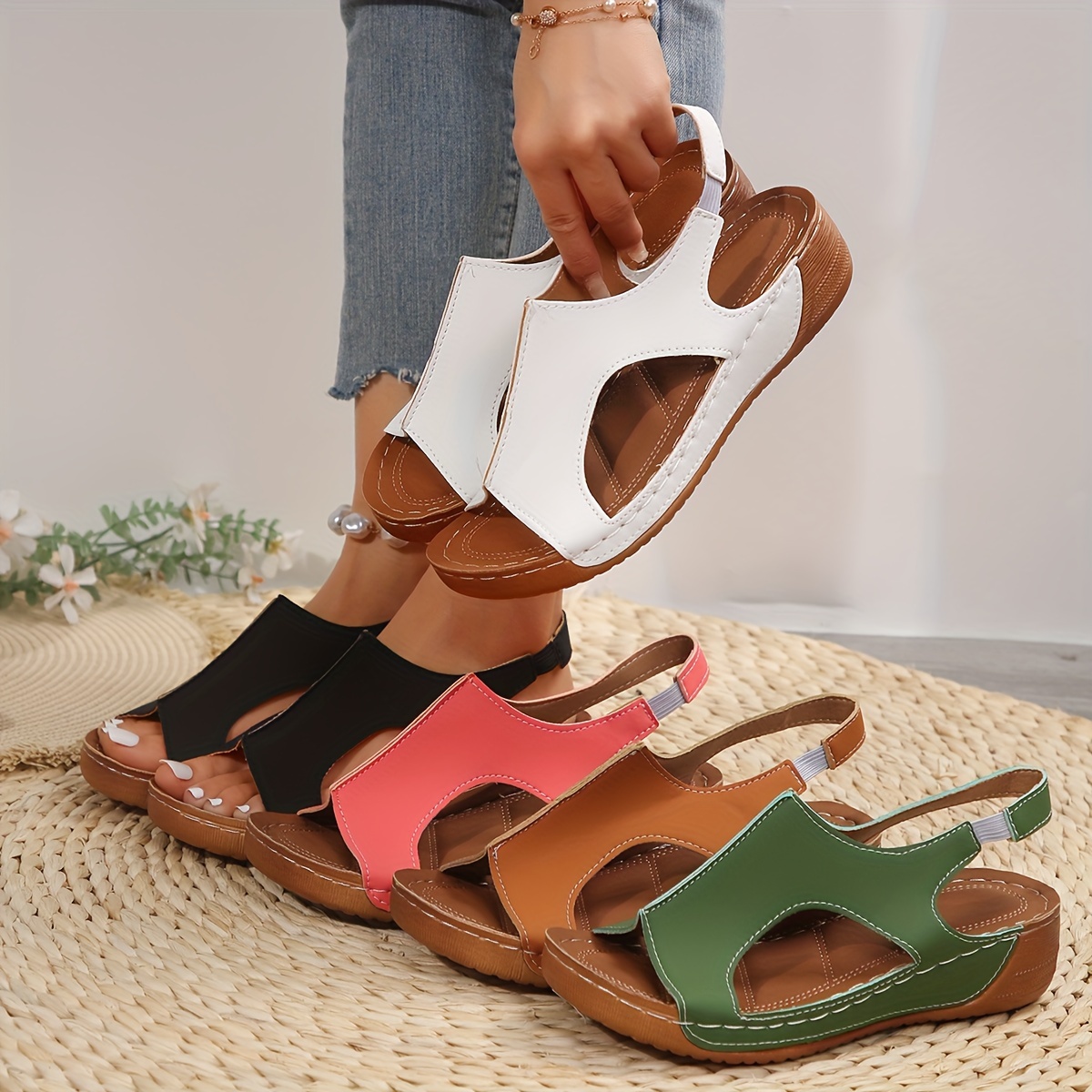 

Women's Elastic Wedge Sandals, Soft Sole Platform Slip On Walking Daily Footwear, Comfortable Open Toe Summer Shoes With Cut-out Design
