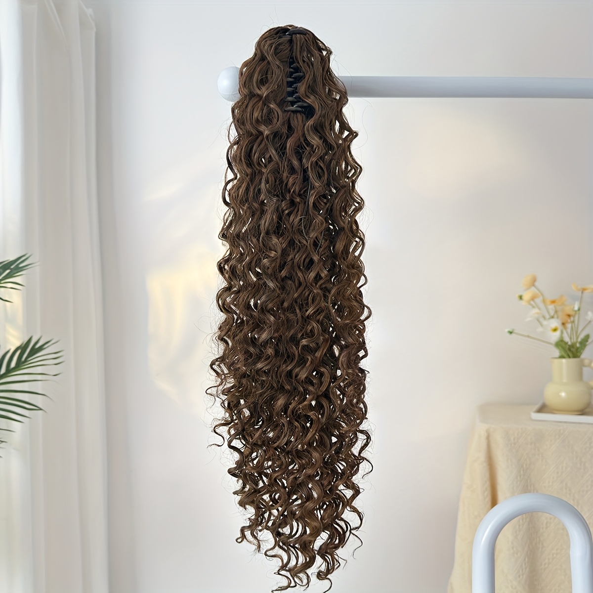   24 deep wave dark brown claw clip ponytail extension heat resistant synthetic hair for women long curly   for daily   accessories details 3