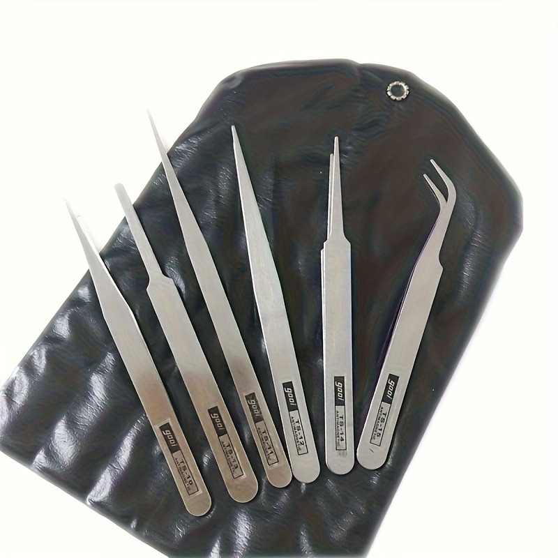 TEMU 6pcs Heavy-duty Stainless Steel Precision Tweezers With Long Tips & Case - Professional/sensitive Equipment Handling Kit, Diy, Electronics