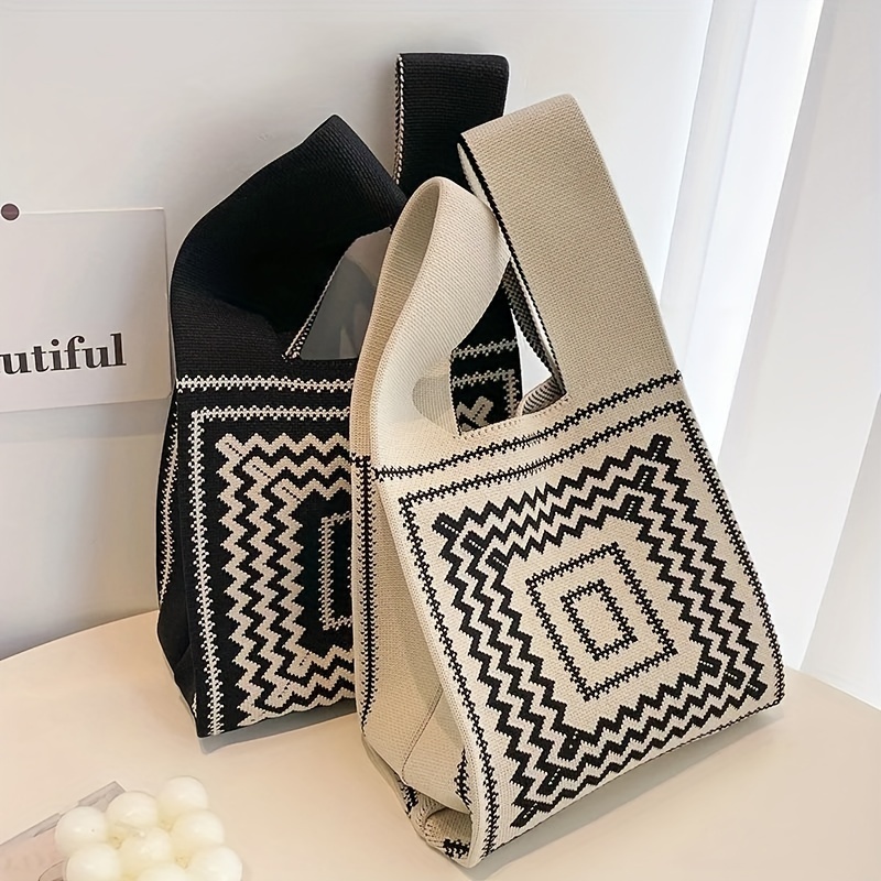 

Women's Knitted Tote Bag, Vintage Geometric Zigzag Pattern, Colorblock Elegant Design, Daily Shopping And Office Use