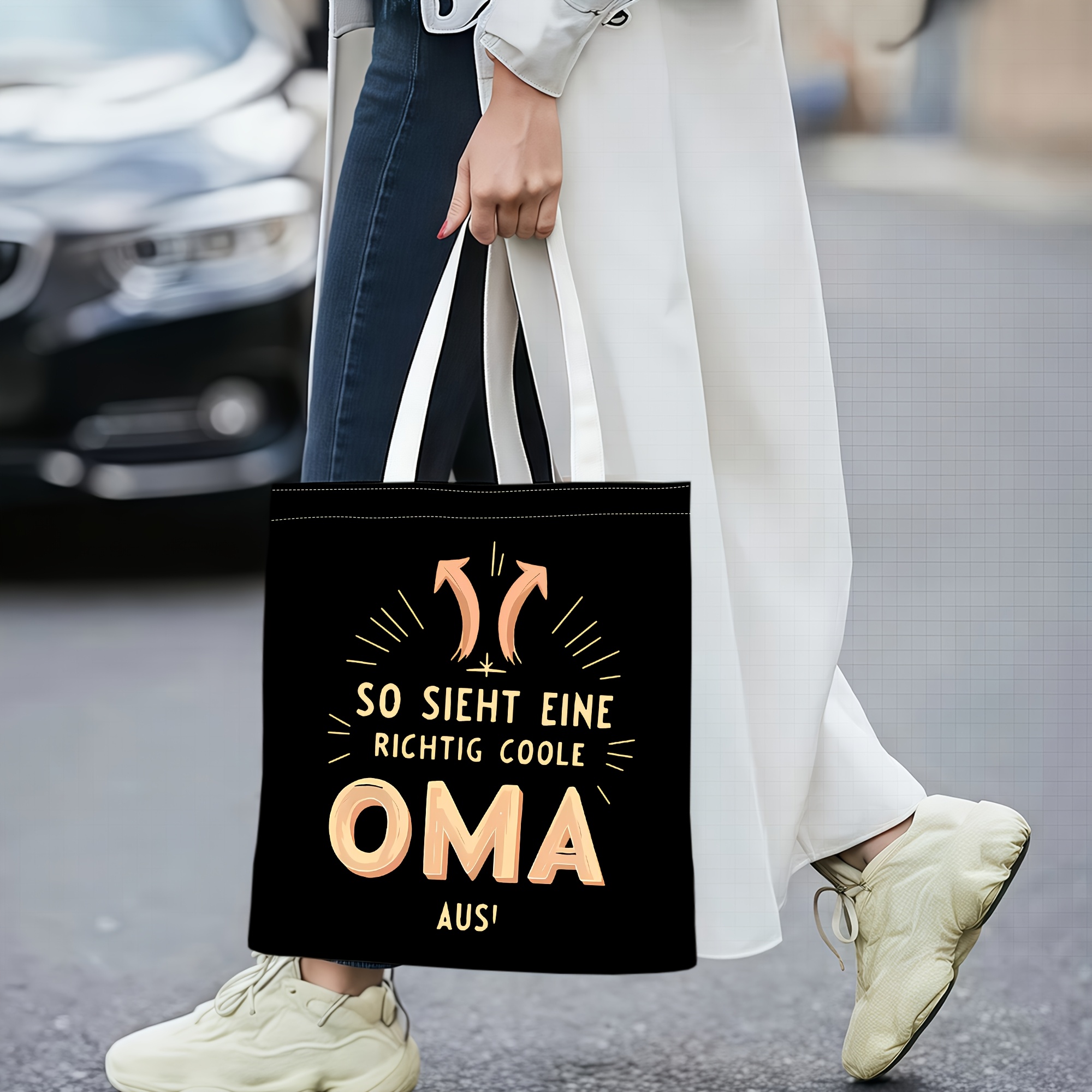 1pc Stylish Tote Bag Made Of Canvas For Grandmothers, Black With , Lightweight And Sturdy, Ideal For Shopping, Traveling, Or Everyday Use, Showcasing Fun German 'so Sieht Eine Coole Oma Aus'