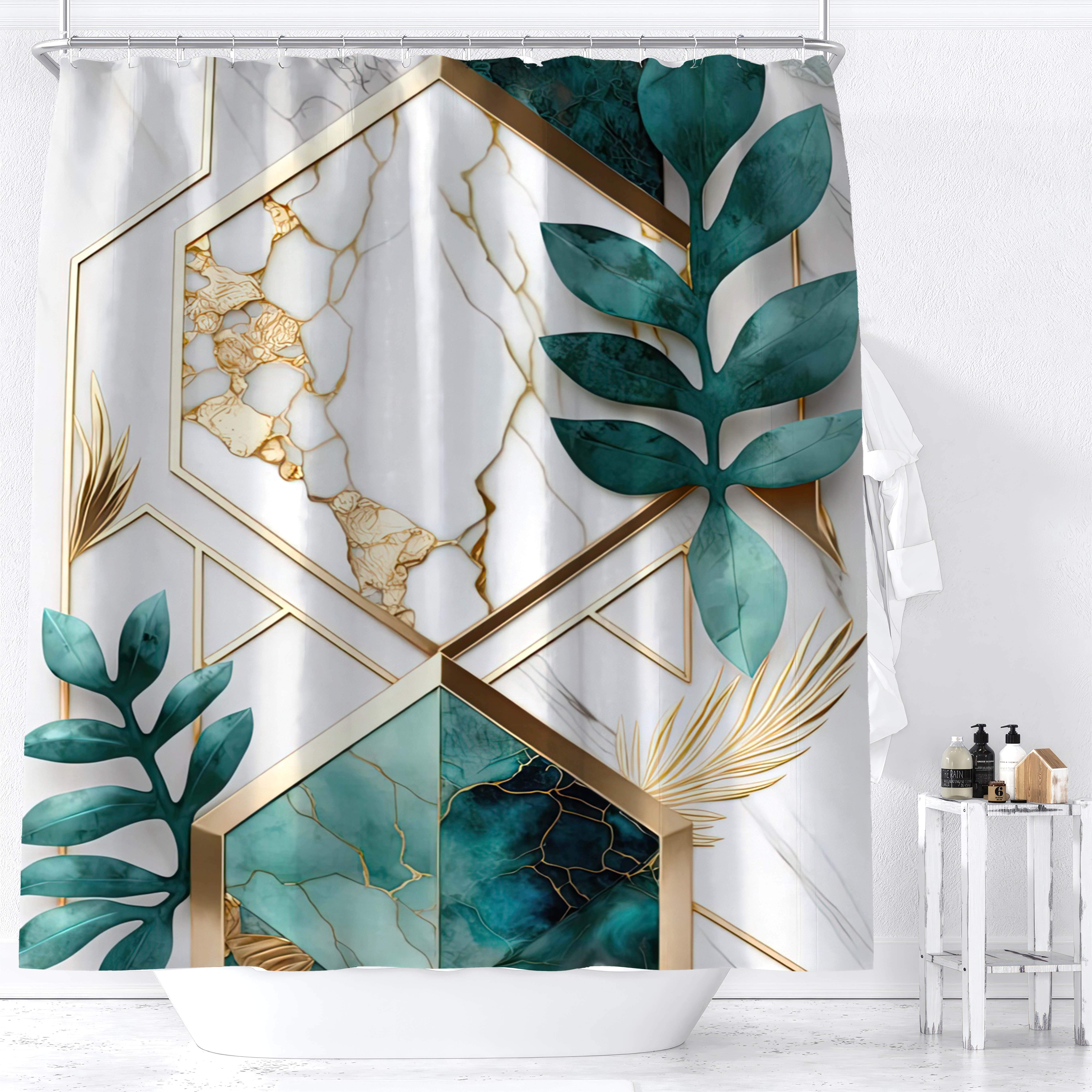 

1pc Modern Luxury Geometric Gold Green Leaf Design Digital Print Shower Curtain, Waterproof Decorative Bath Curtain, Bathroom Accessories