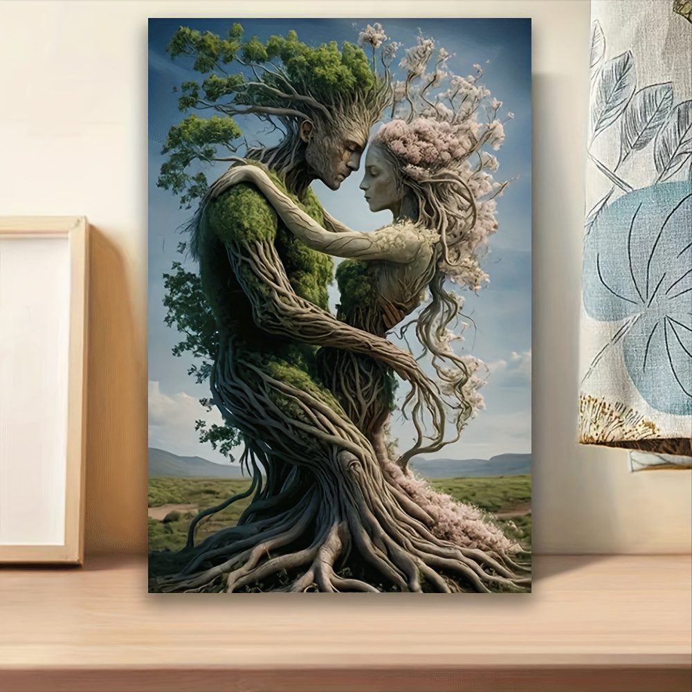 TEMU 1pc Frameless Canvas Wall Art - Mystical Tree People Embrace, Nature-inspired Room Decor With Vibrant , Living Room Or Bedroom Aesthetic Poster,