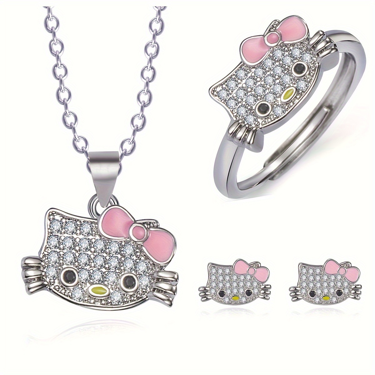 

4pcs Hello Kitty Rings Cute Cartoon Figure Kitty White Metal Adjustable Rings For Jewelry Accessories