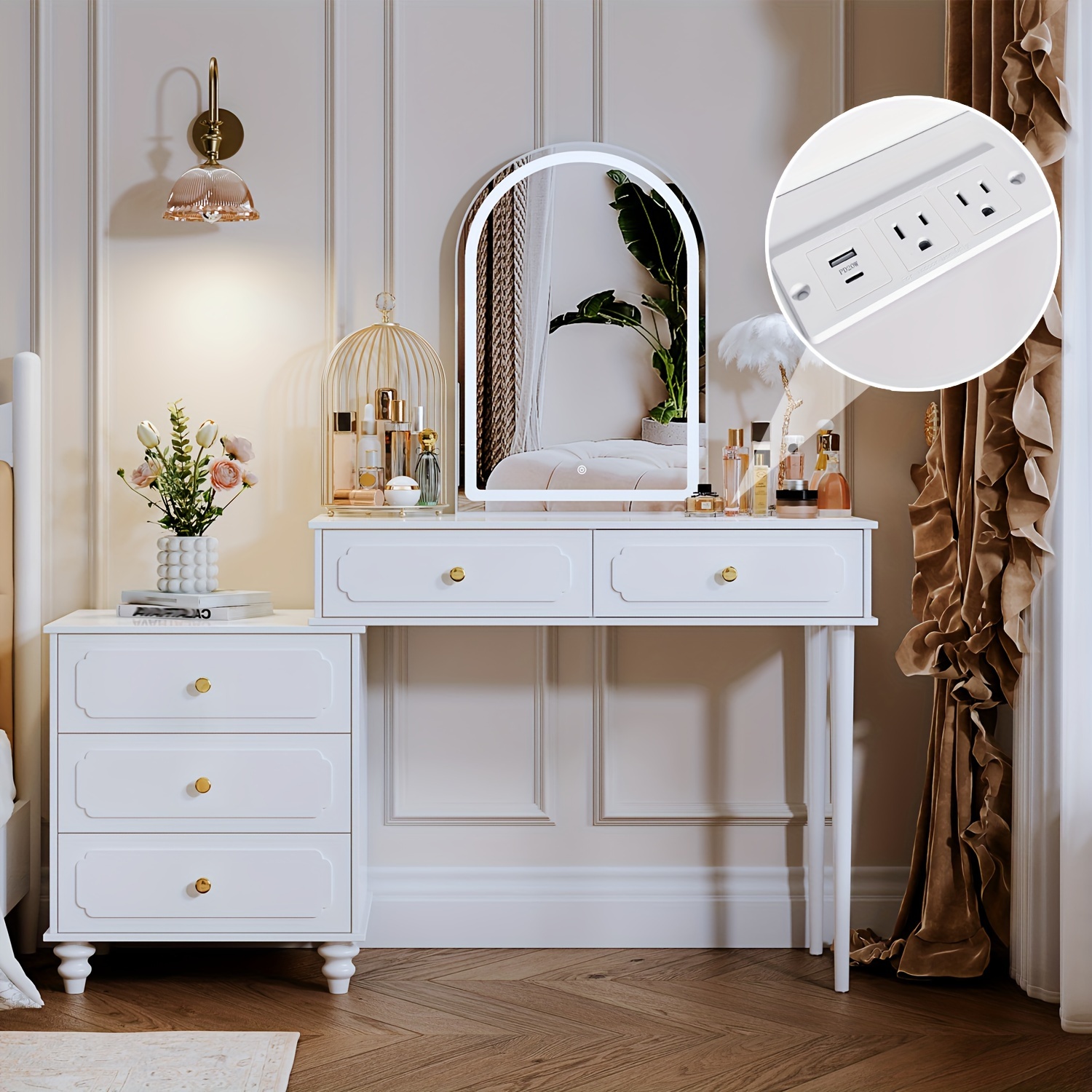 

Vanity Desk With 3 Screen Dimming Mirror, Modern Retractable Makeup Dressing Table With , Adjustable Cabinet And 5 Sliding Drawers, Vanity Table Set, Desk Bedroom