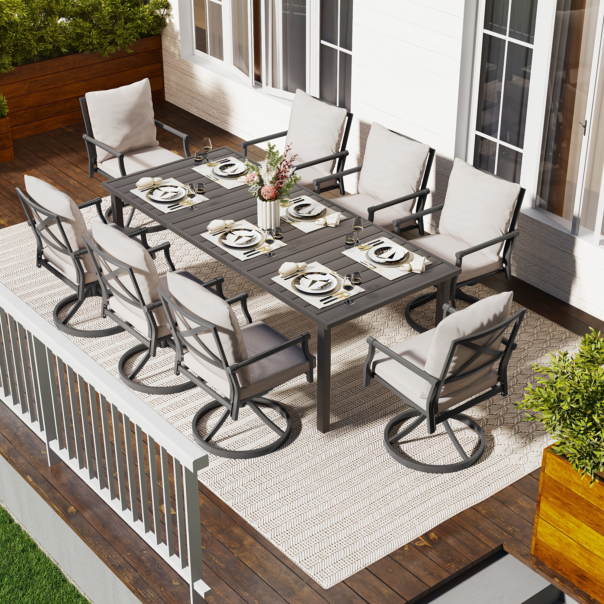 9pcs Outdoor Dining Arrangement - Patio Set for 8 People. Comes with 1 Rectangular Table And 8 Swivel Chairs with Cushions, Suitable for Lawn And Garden