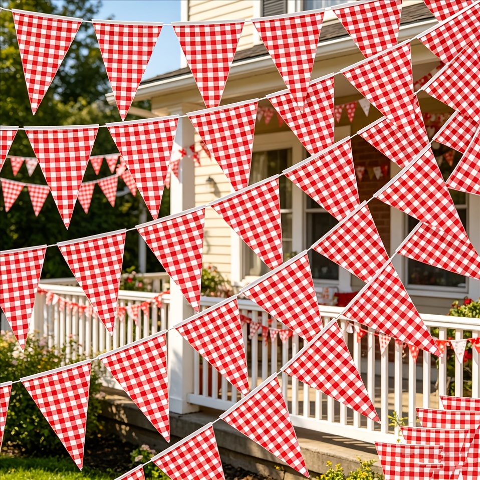 Image of Red Banner 100 Feet Long With 48 Panels | Large Pennant Flags | Red And White Pennant Banner For Birthdays | Carnival, Picnic, Birthday, Party Red Checkered Flags