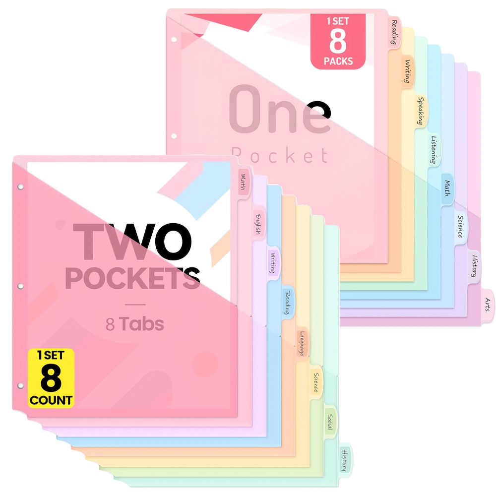 8pcs pastel color-coded 3-ring binder dividers with labelled tabs & labeling system -  , blue, yellow, green, purple, orange, white, clear - a-z letter tabs included for office, school,   - compatible with two-pocket binders & standard file folders 0