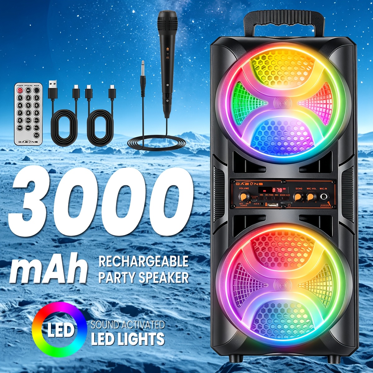 TEMU Professional Bluetooth Speaker With Microphone & Remote, Portable Dual Subwoofer Stereo Wireless Pa Sound System Party Box, With Led Light,