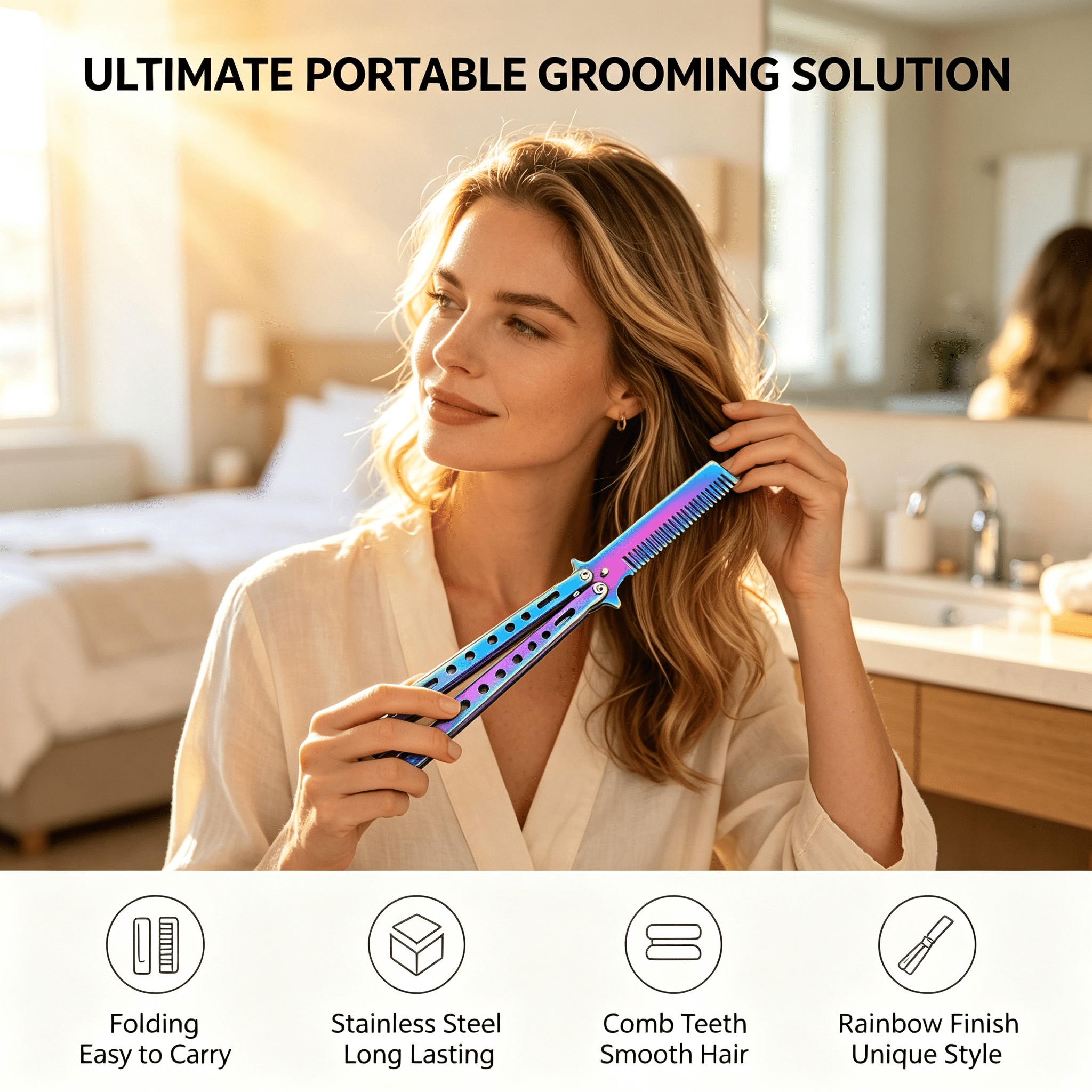 TEMU Stylish And Practical Stainless Steel Folding Comb, Portable, With Sturdy Teeth And A Durable Handle, , A Stainless Steel Comb