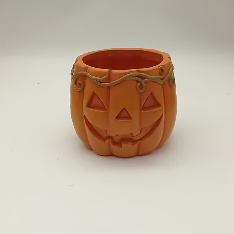 TEMU Halloween Pumpkin Resin Planter, Featuring Jack-o'-lantern Face And Vine Relief. Suitable For Halloween And Themes, It Can Be Used As A Storage