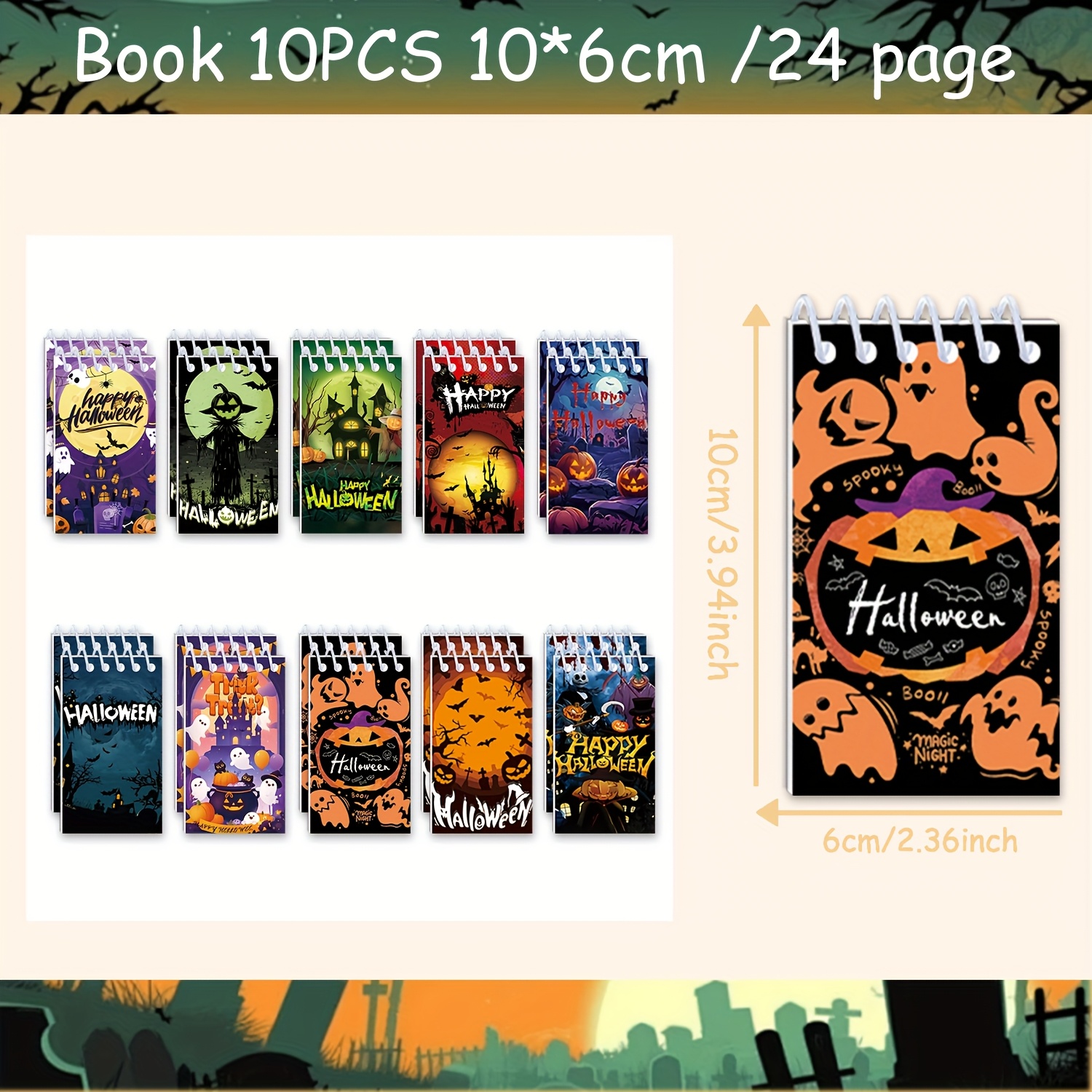 Image of Set Of 10 Mini Spiral Notepads For Halloween, Featuring Scarecrows, Pumpkins, And Bats. Perfect As Party Favors, For Goodie Bags, Or As Office Decorations