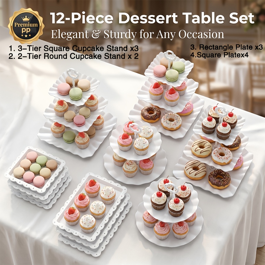 TEMU 12pcs Of Cake Stand Display Sets Made Of High-quality Pp Plastic, Including 3-tier Cake Towers And 2-tier Cake Stands, Suitable For , Candies, ,
