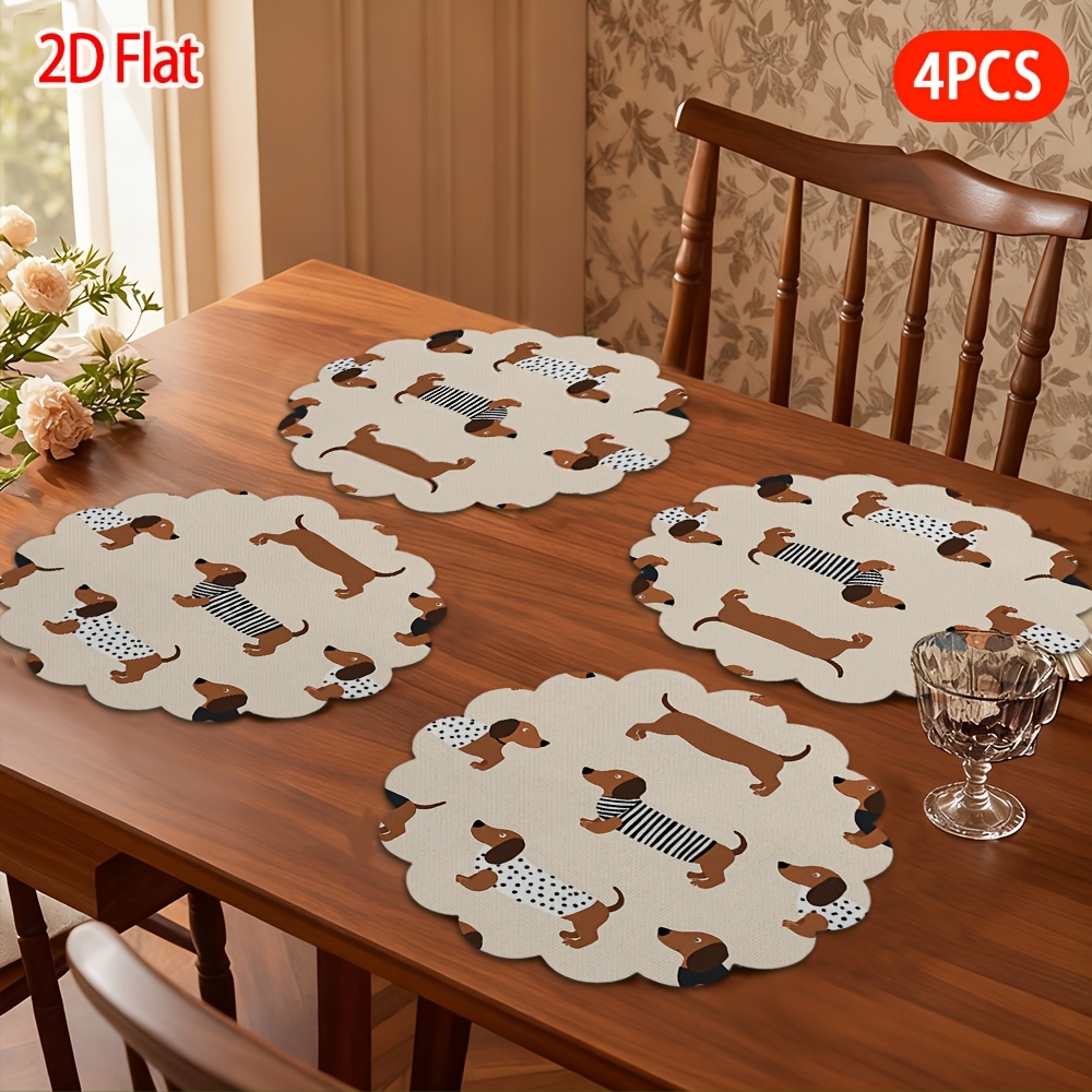 TEMU 4pcs Sets de Table Teckel Décoration de Table, Napperons en Dentelle avec Répétés de Teckels en Tenues Rayées et à Pois, Protège-Table Lavables