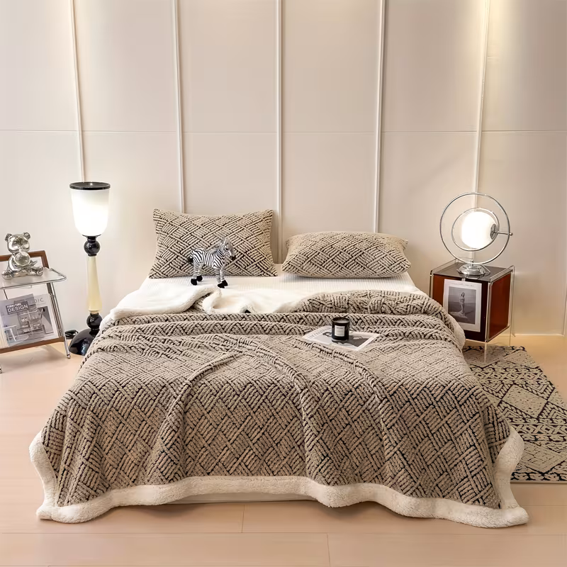 1pc of luxurious jacquard velvet blanket double layer thick insulation soft comfortable beige friendly suitable for autumn and winter suitable for bedroom living room sofa use machine washable pillowcase not included cozy Product details 8