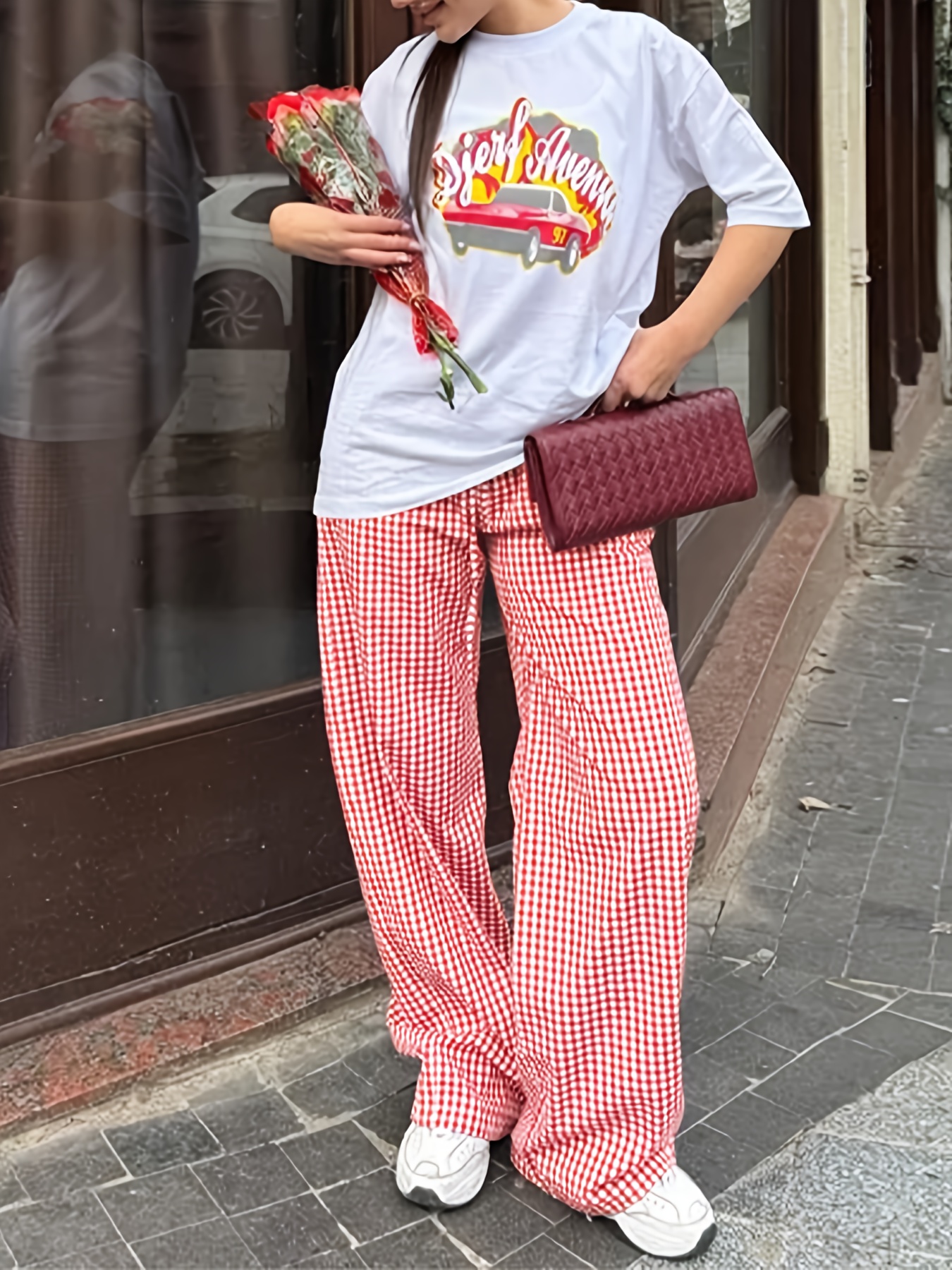 Streetwear Checkerboard Pants Red Musuos Women Casual Wide Leg