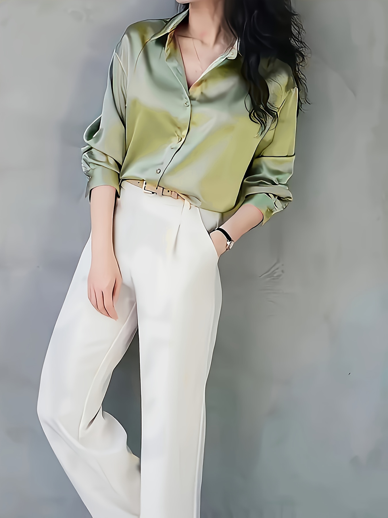 Elegant Long Sleeve Button-Up Blouse for Women - Chic Acetate Top with Lapel Collar, Solid Color, Perfect for Office or Casual Wear, All-Season Comfort, Stylish Blouse | Classic Long Sleeve | Smooth Texture