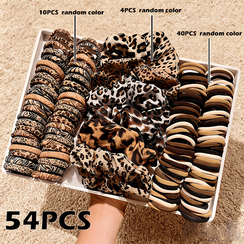 E-shop 54-teiliges Vintage-Haargummiset mit Leopardenmuster, verschiedene zufällige Farben, hochelastisch langlebig, geeignet für tägliches