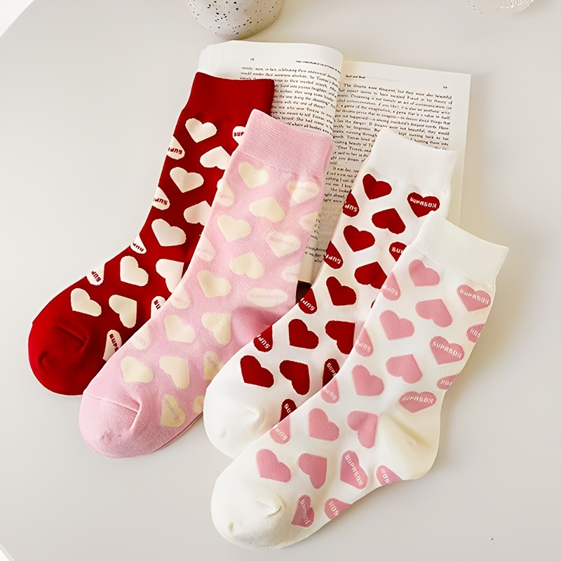 TEMU 4-pair Autumn/winter Pure Desire Heart Color-block Mid-calf Socks