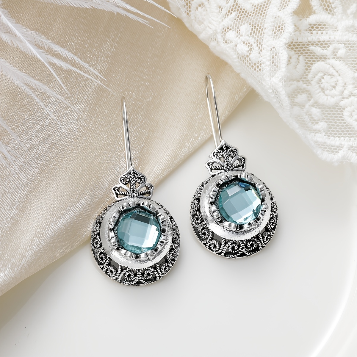 TEMU Men's Vintage Plated Hollow Lace Drop Earrings With Inlay - Suitable For Daily Wear, Banquet Jewelry, Gift For Weddings, Prom, Special Occasions