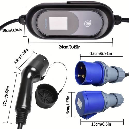 type 2 ev charger 32a 7kw portable electric vehicle charger with switchable current of 8 32a featuring an lcd display 5 5ft charging cable and a bag for the charging station designed for electric cars without battery