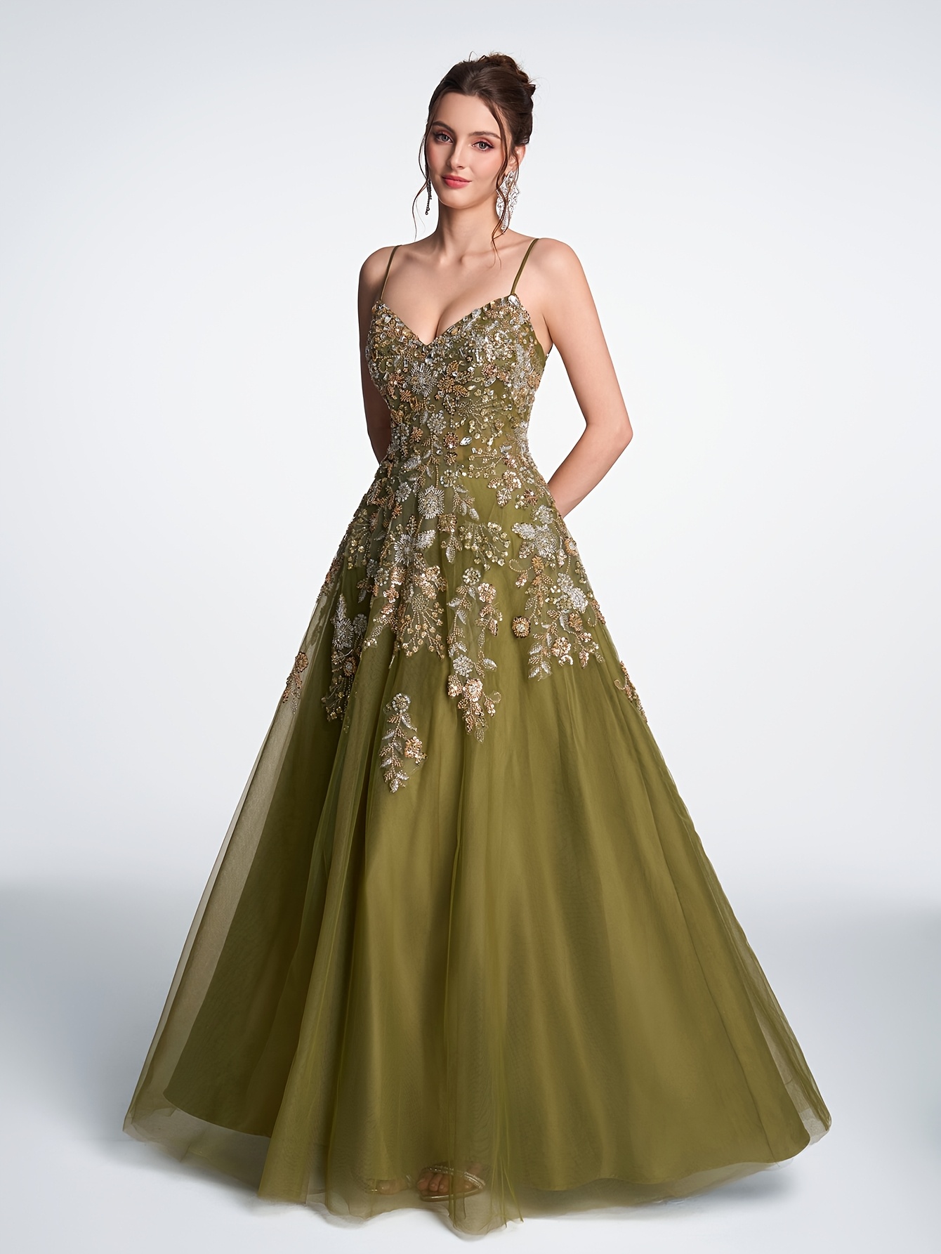 open lace back dress Zapaka Women Glitter Dark Green Prom Dress Spaghetti Straps Lace Flower Long Corset Evening Dress, Dark Green / UK20 main image 1