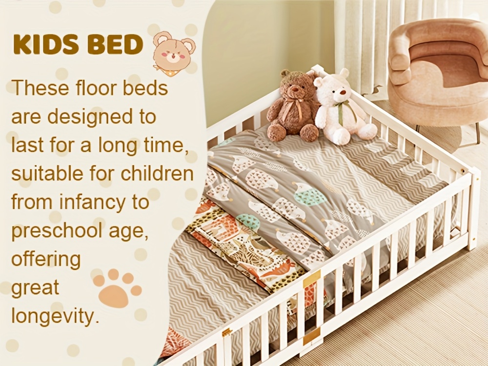 Twin Toddler Floor Bed, Twin Floor Bed Frames for Girls/Kids/Baby, Floor Bed for Toddlers 1-3 Years Old, Floor Bed with Rails & Lockable Door, Twin Size Floor Bed - White