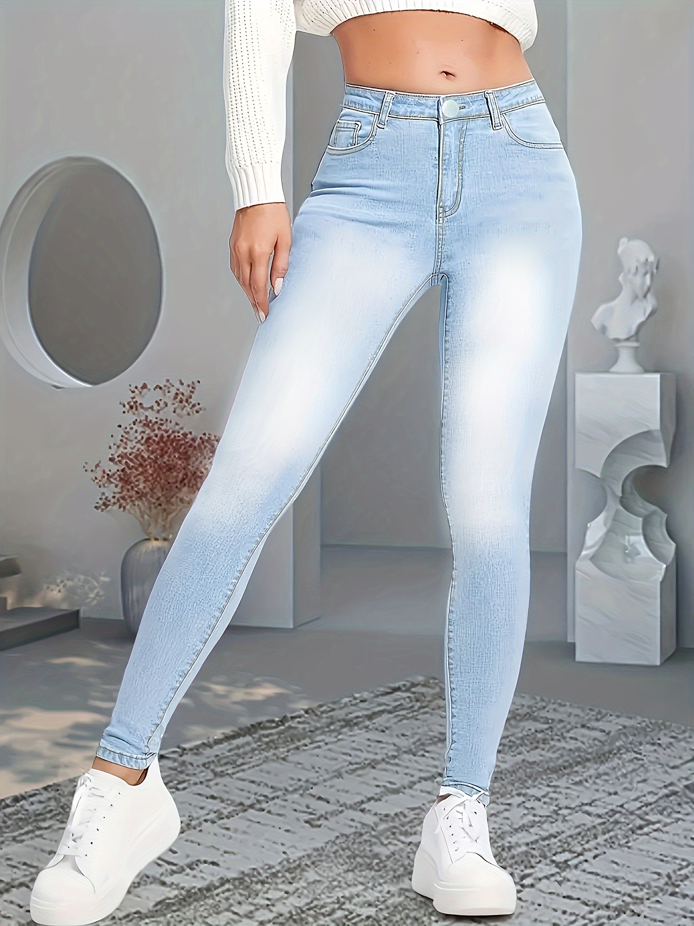 Ripped High Rise Light Wash Blue Denim Pants, Distressed Ripped-Butt Loose  Tapered Jeans, Women's Denim Jeans & Clothing