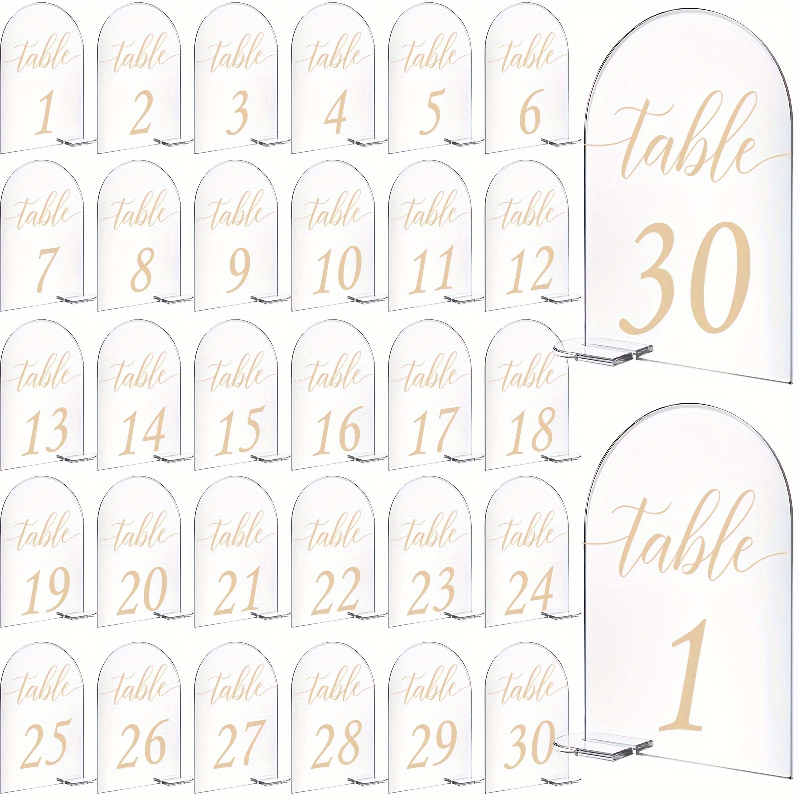 

30 Sets, 4 X 6 Inch Arch Acrylic Sign Golden Printed 1-30 Table Signs With Stands Calligraphy Clear Table Number Display Stand For Wedding Reception Event Party Restaurant Centerpieces Decor