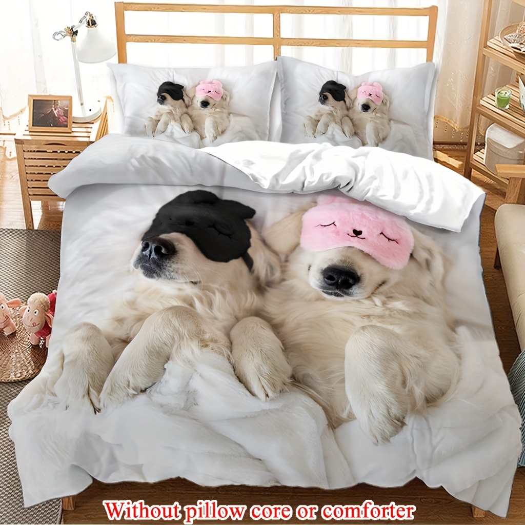 2 3pcs 1 duvet cover 1 2 pillowcase without core couple valentines day romantic golden retriever two   dogs lying on a white bed wearing eye masks funny print soft comfortable bedding set for bedroom dorm room family gift Product details 3