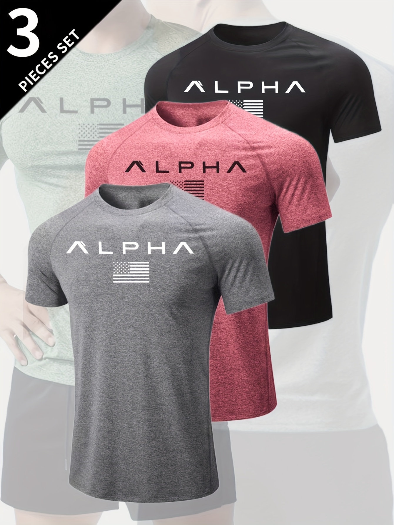 3pcs *'S Alpha Graphic T-Shirts USA Flag Print, Comfortable Short Sleeve  Crew Neck for Sports Casual Wear, Soft Stretchy Fabric Spring,