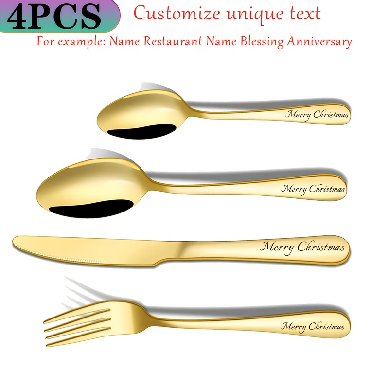 4pcs customized unique stainless steel cutlery set knife fork and spoon set recording   wedding gift for   suitable for wedding wedding anniversary anniversary birthday holiday christmas gift golden Product details 2