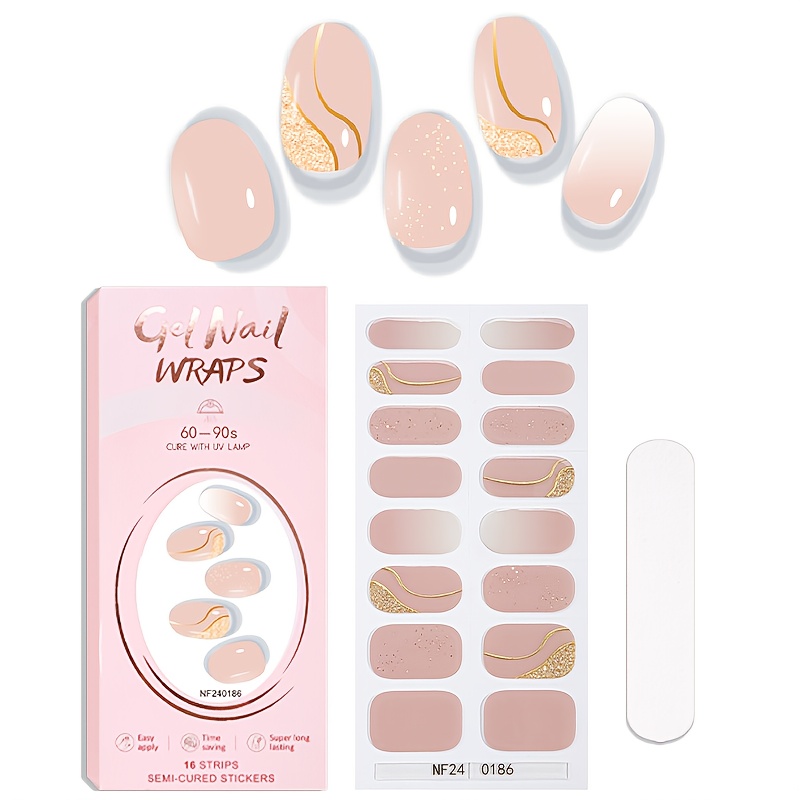 Image of A Collection Of 16 Semi-cured Gel Nail Wraps Featuring A Sophisticated Pink And White Gradient With Glitter, With A For An , To Beautiful Nail Art