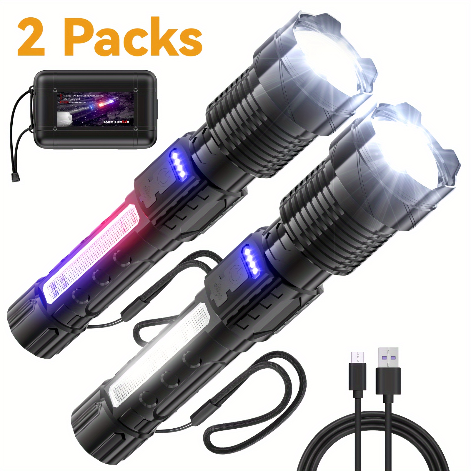 

Rechargeable Flashlights 2 Packs With 4000lm And 7 Light Modes, Multifunctional Tactical Led Flashlight With Cob Work Light, Power Display, Handheld Flash Light For Emergencies, Camping, Hiking
