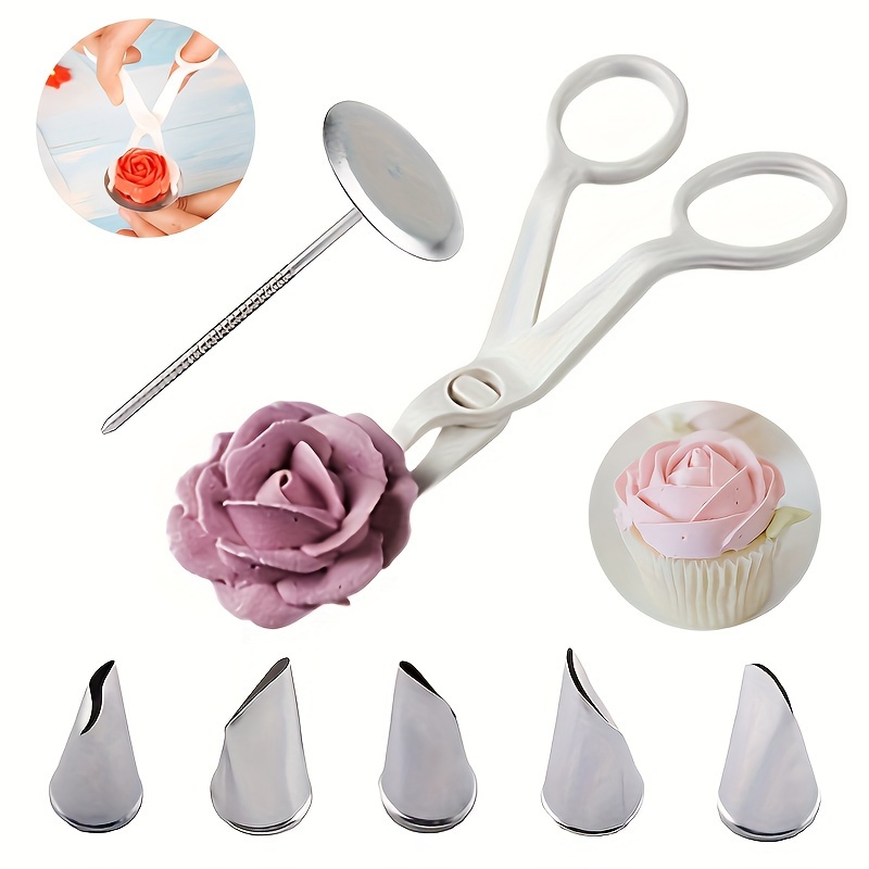 

7-piece Cake Decorating Kit With Stainless Steel Rose Icing & Piping Tips, Flower Lifter Scissors And Flower Nail For Cupcakes And Desserts