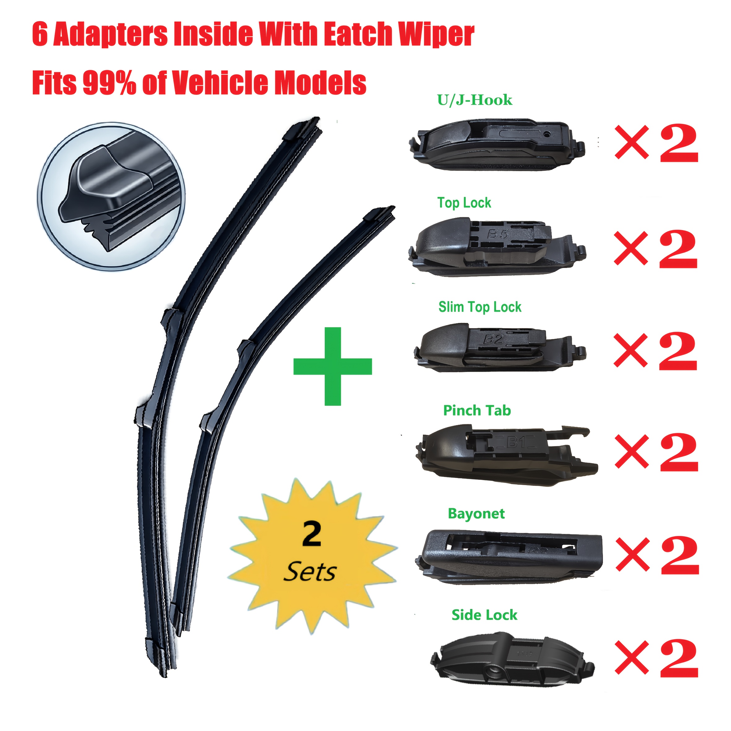 Universal Boneless Wiper Blade 6 Replaceable Adapter Sets Wiper For Vehices Fit For 99% Of Lhd&rhd Vehicle Models