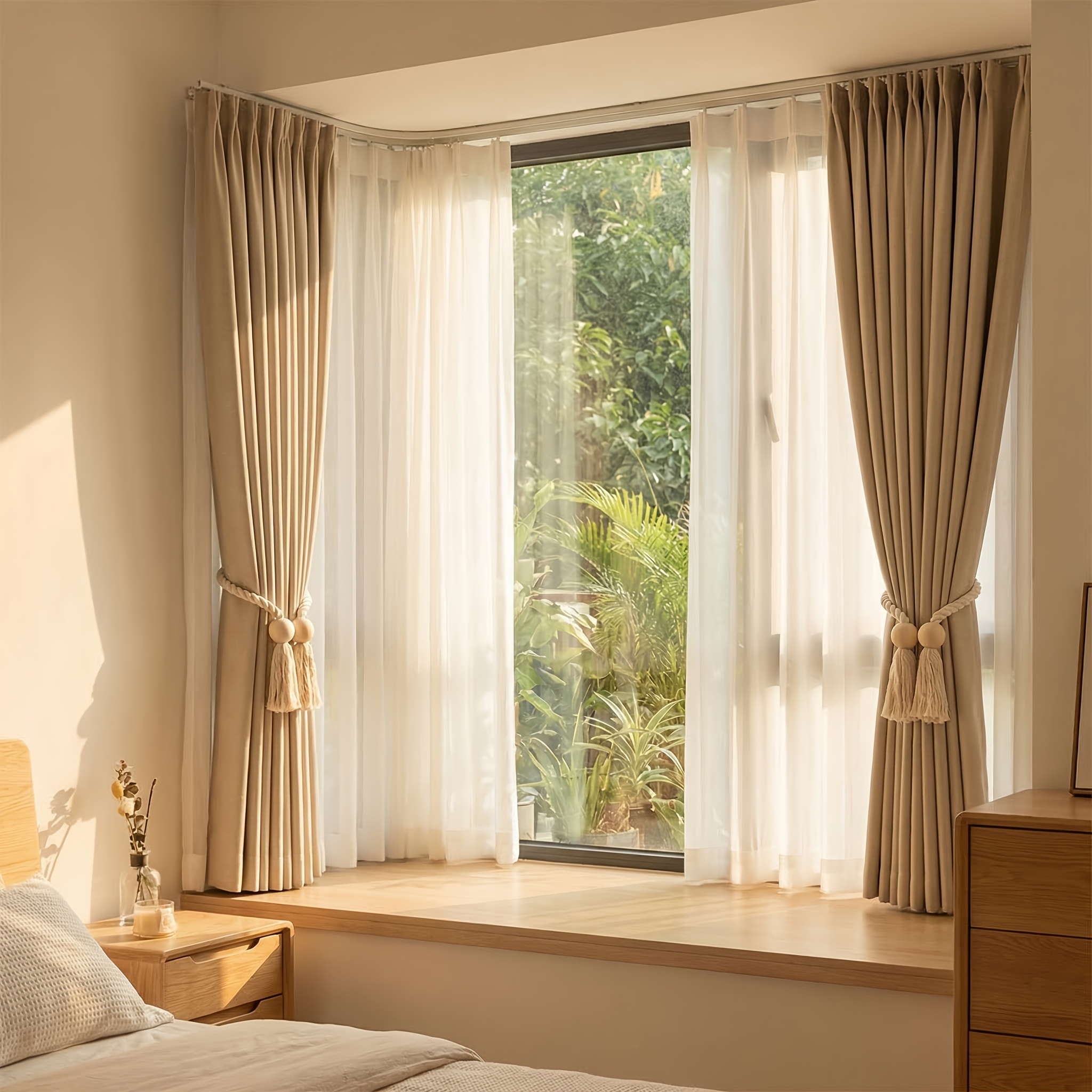 2pcs of Bohemian Style Magnetic Curtain Laces with Wooden Beads-including Hand-woven Ropes, Geometric and Round Beads, Suitable for Elegant Living Room and Bedroom Decoration, and the Magnetic Curtain Frame Is Decorated with Natural Materials.