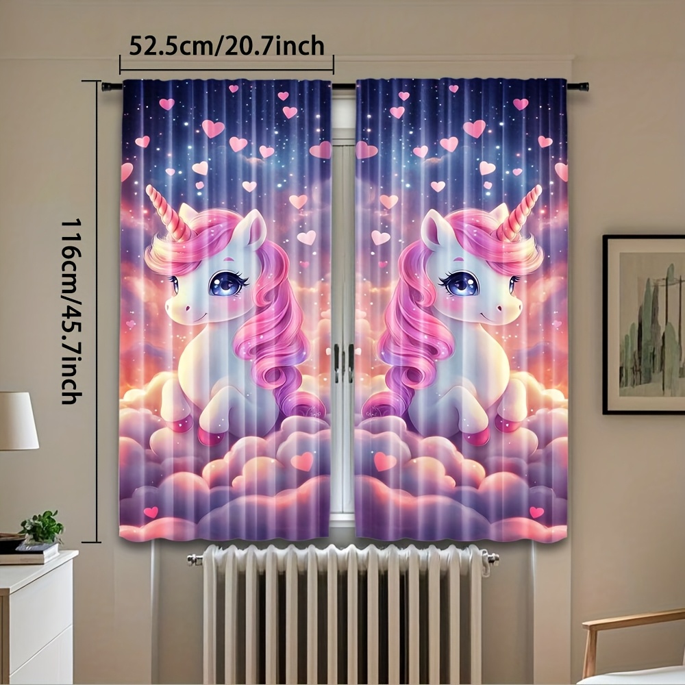 TEMU 2 pièces Rideaux Artistiques Licorne et Cœurs - Impression Numérique, 100% Polyester à Poche pour Tringle, Design Fantaisiste Semi-Transparent