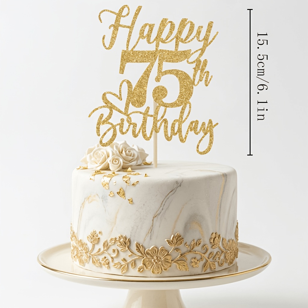 TEMU 1pc Glitter Golden Happy 75th Birthday Cake Topper, Cheers To Cake Decor, Heart Style Birthday Party Supplies For Men Women, 75th Anniversary