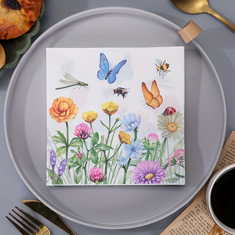 

33*33cm Double-layer Floral Insect Print Napkin Paper Party Paper Towels Hotel Coffee Shop Decoration Paper Towels Birthday Banquet Decoration Paper Towels